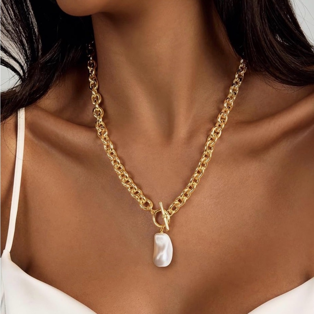NEW 14k Gold Plated Chain Necklace with Pearl Pendant